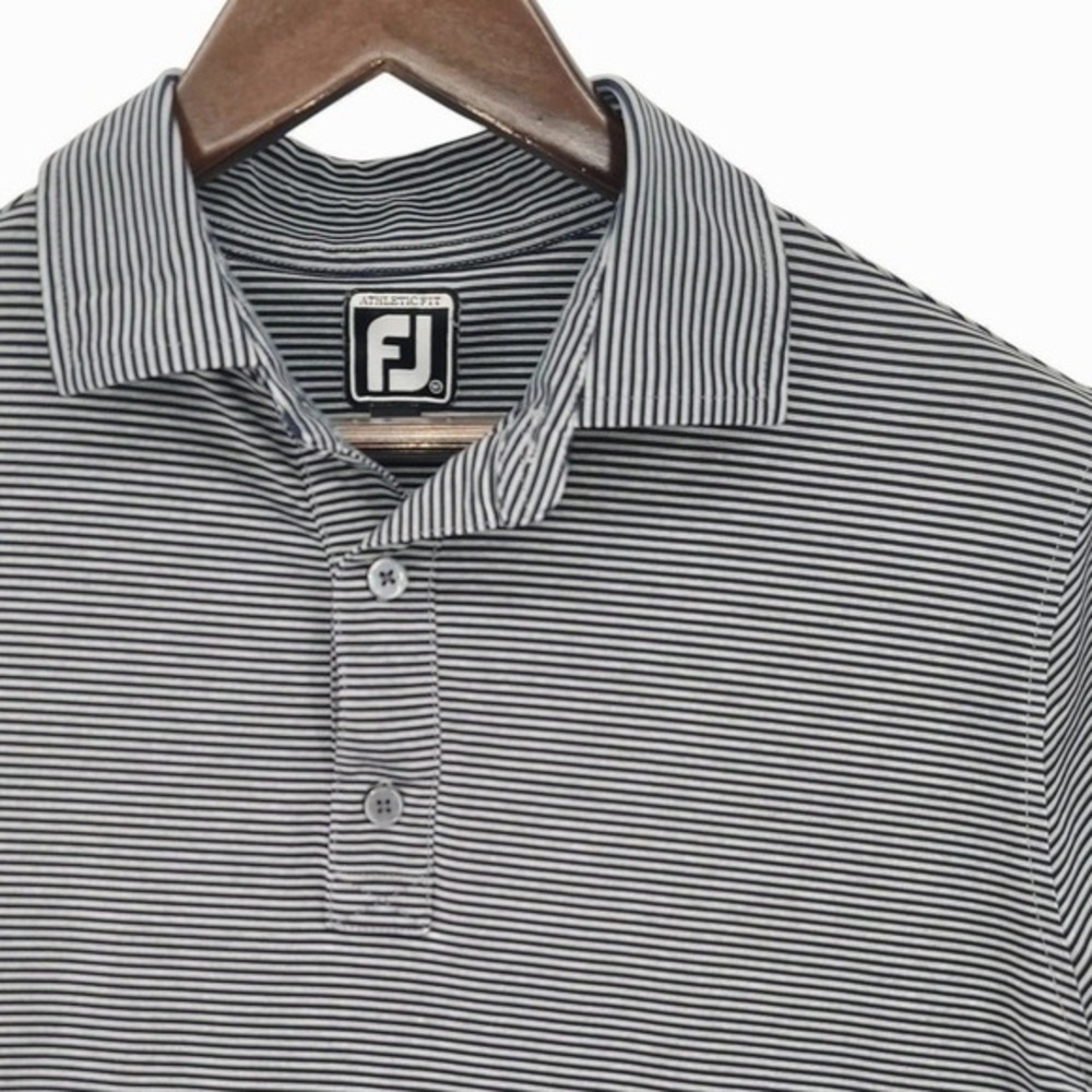 FJ FootJoy Polo‎ Shirt Men M Athletic Fit Navy White Striped Golf Performance